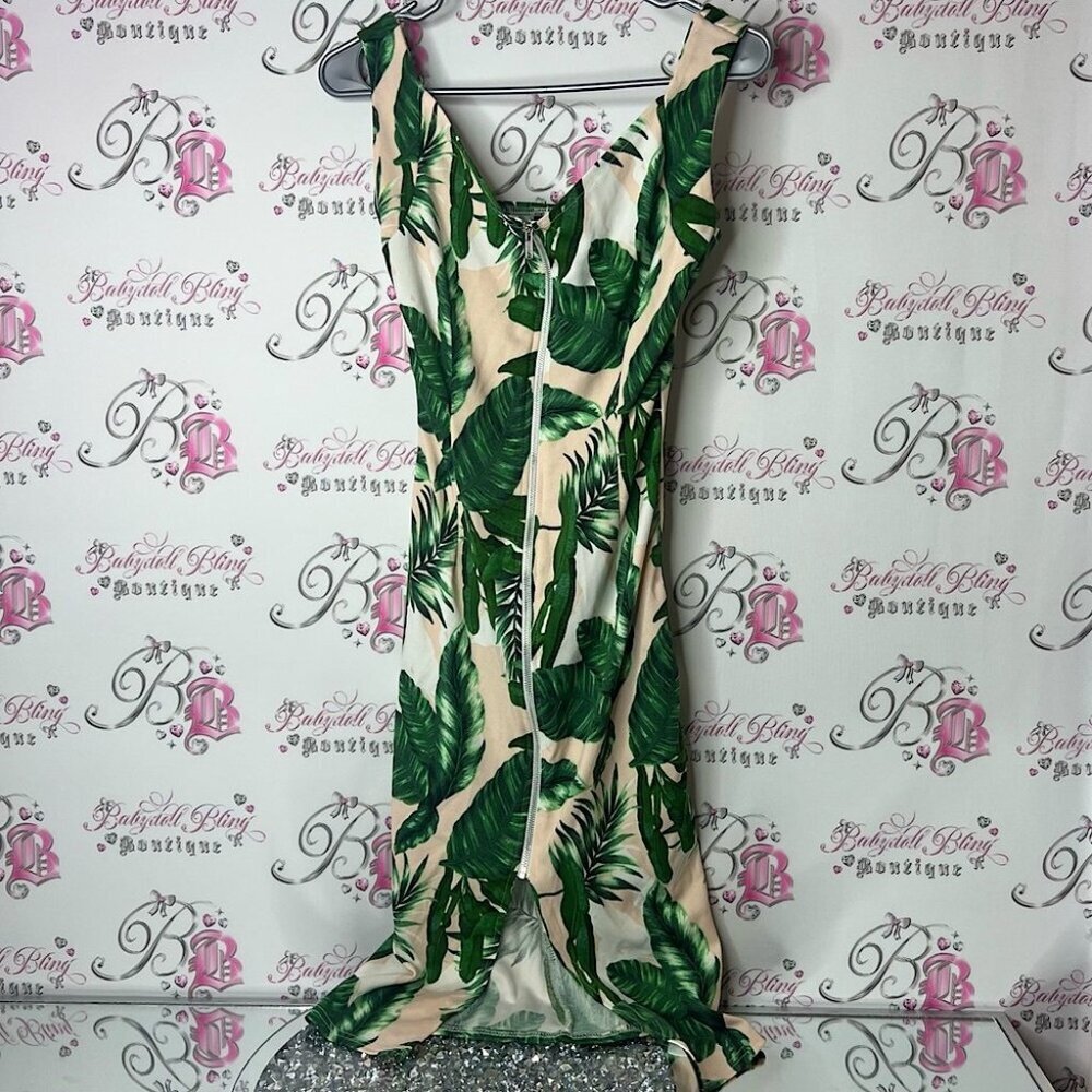 RT dress zipper zip up leafs beach Tropical Green Leaf Print Dress